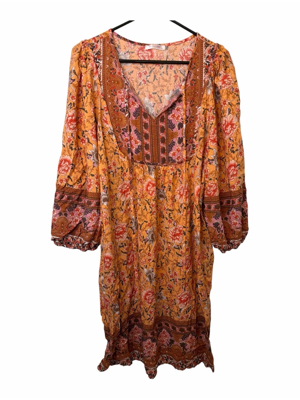 Bluetime Orange Floral Peasant Tunic Dress